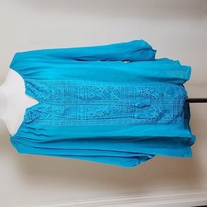 Zac & Rachel Woman's Loose Blouse/Coverup Bluegreen Embroidered V Neck Shirt